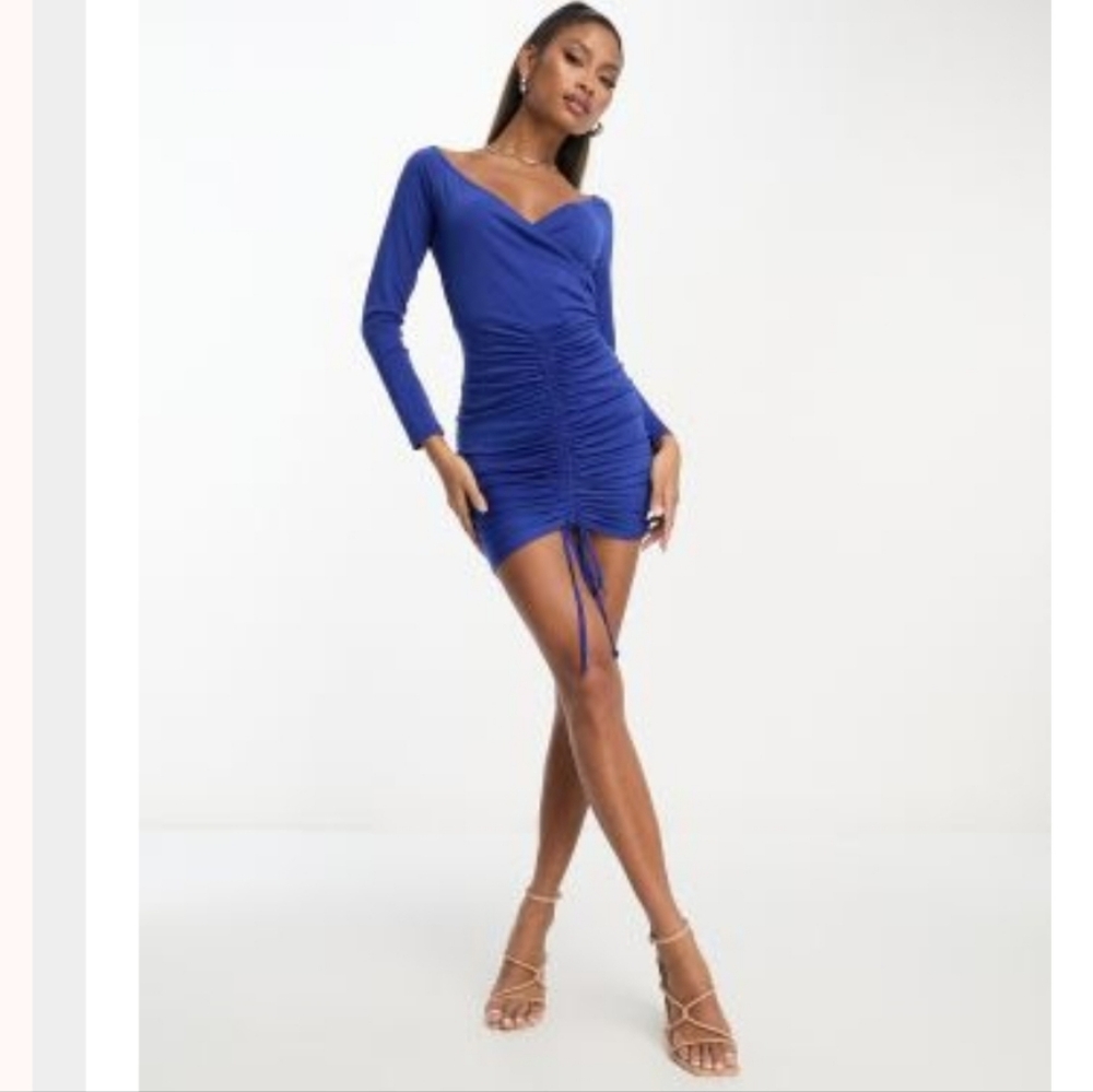 Elegant Long Sleeve Off Shoulder Ruched Dress in Blue
